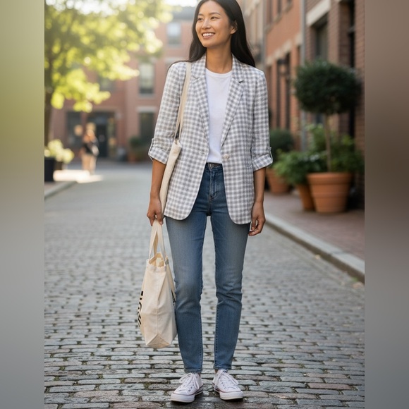 Cynthia Rowley Jackets & Blazers - CYNTHIA ROWLEY 100% linen tan & white gingham check long line blazer size medium